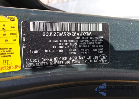 2005 BMW X3 3.0I из США, поврежденный, VIN WBXPA93485WD23026